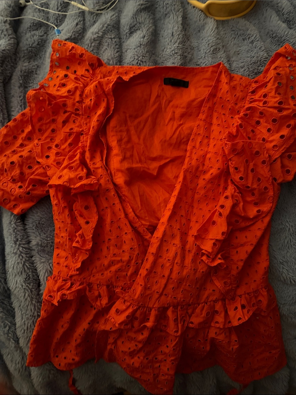 J. Crew Bright Orange Eyelet Ruffle Wrap Top